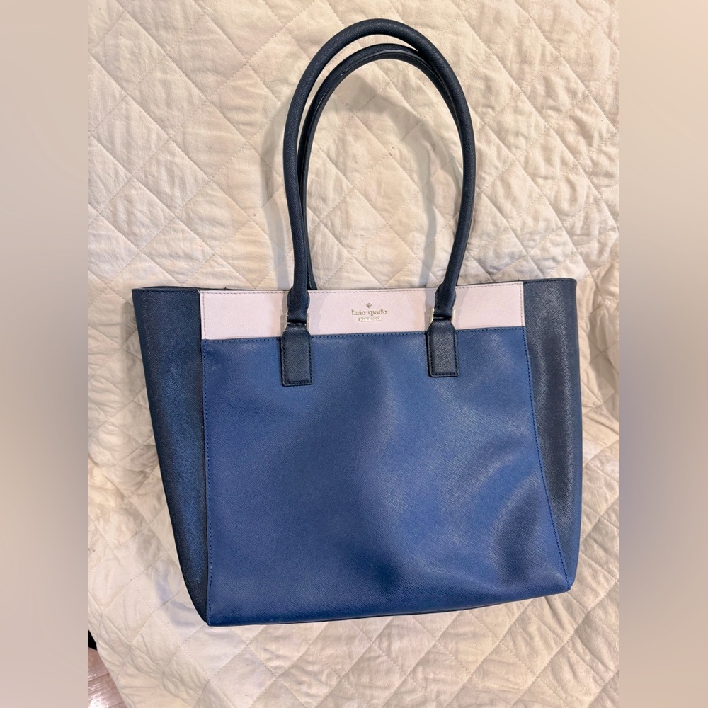 Kate Spade pebbled leather tote in black and navy blue colorblock